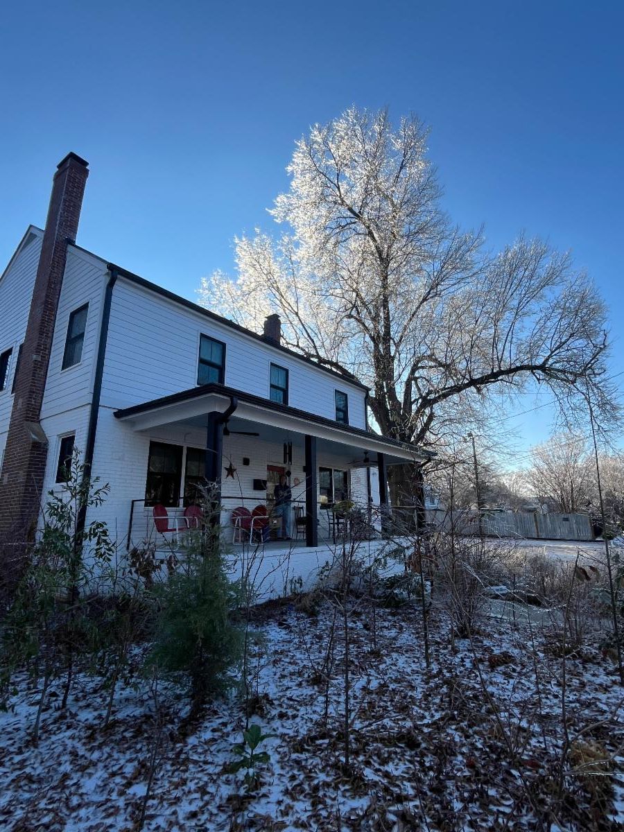 white house with tree covered in snow and ice